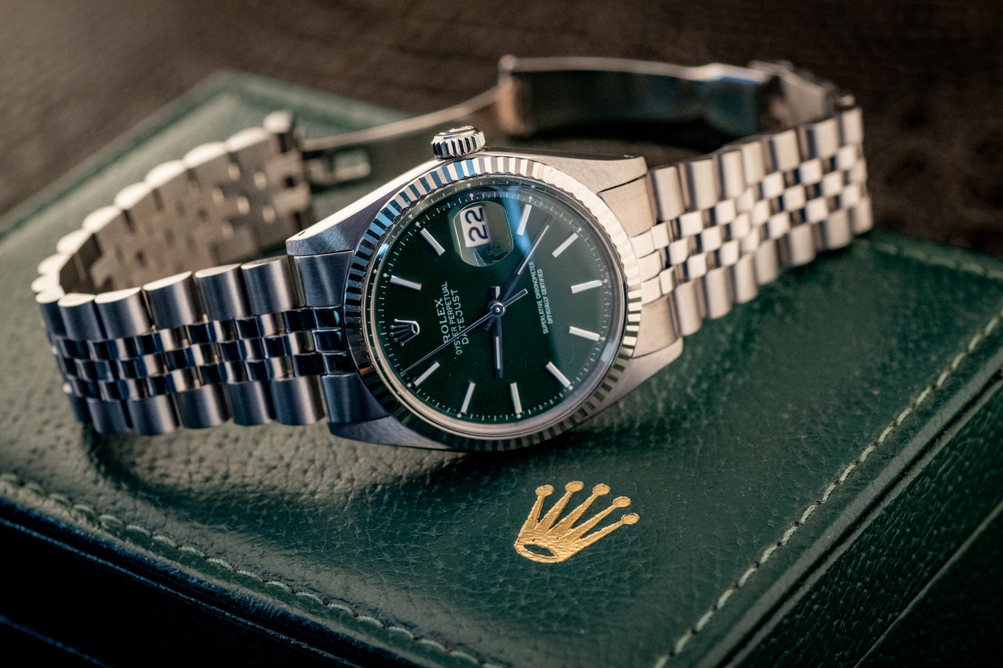 Rolex 36MM Datejust 18K White Gold Stainless Steel Green Dial Jubilee Ref 1601