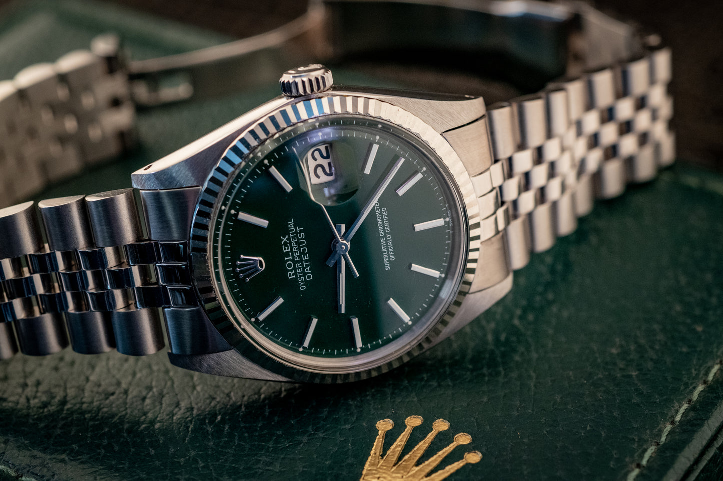 Rolex 36MM Datejust 18K White Gold Stainless Steel Green Dial Jubilee Ref 1601