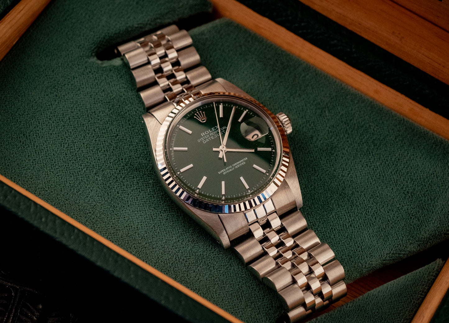 Rolex 36MM Datejust 18K White Gold Stainless Steel Green Dial Jubilee Ref 1601
