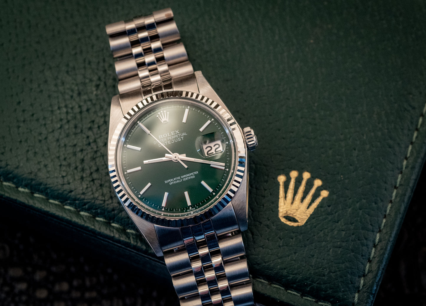 Rolex 36MM Datejust 18K White Gold Stainless Steel Green Dial Jubilee Ref 1601