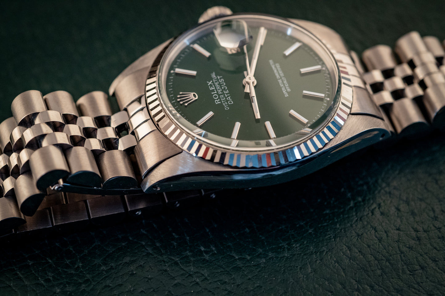 Rolex 36MM Datejust 18K White Gold Stainless Steel Green Dial Jubilee Ref 1601