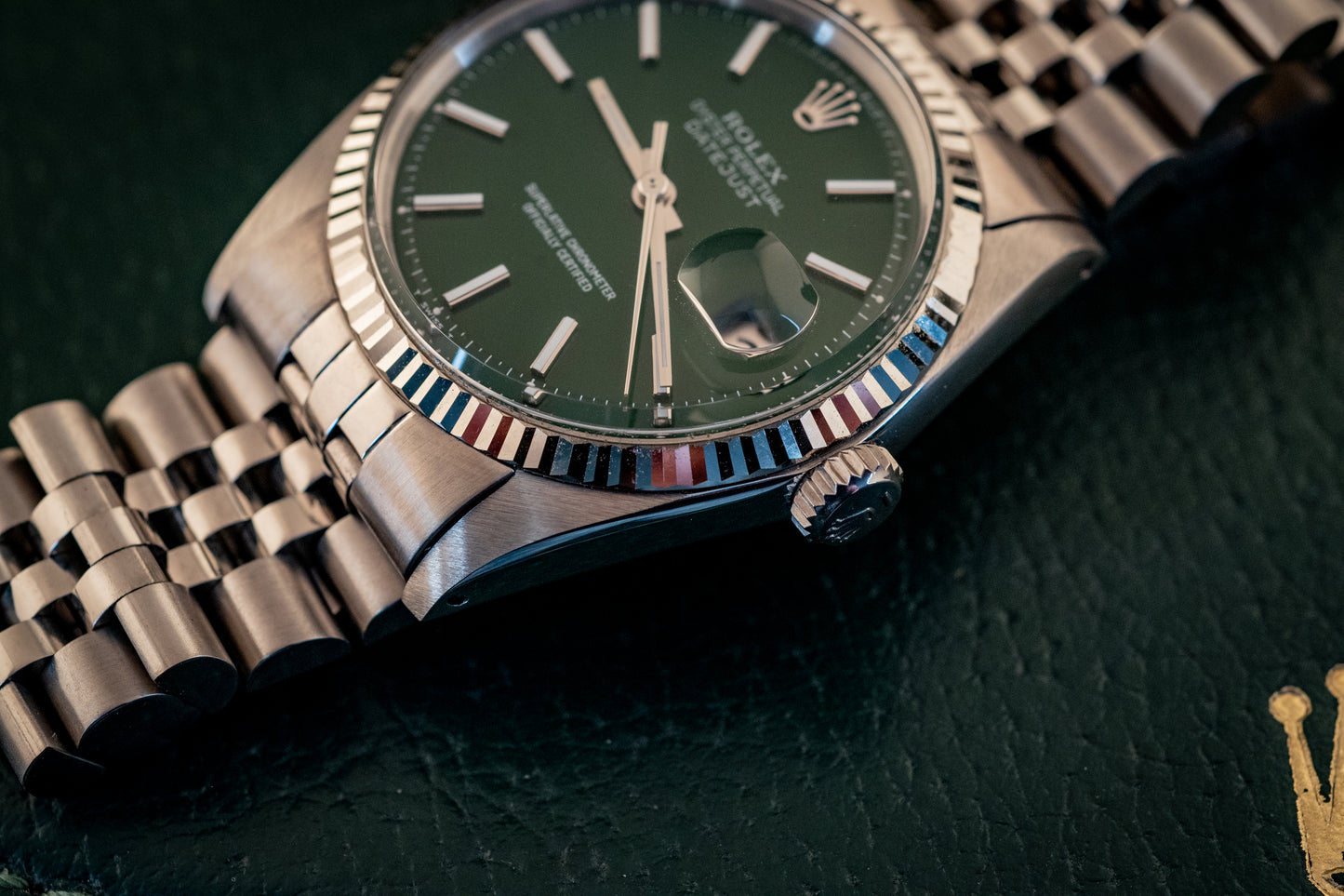 Rolex 36MM Datejust 18K White Gold Stainless Steel Green Dial Jubilee Ref 1601