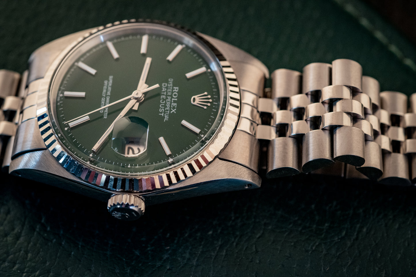 Rolex 36MM Datejust 18K White Gold Stainless Steel Green Dial Jubilee Ref 1601