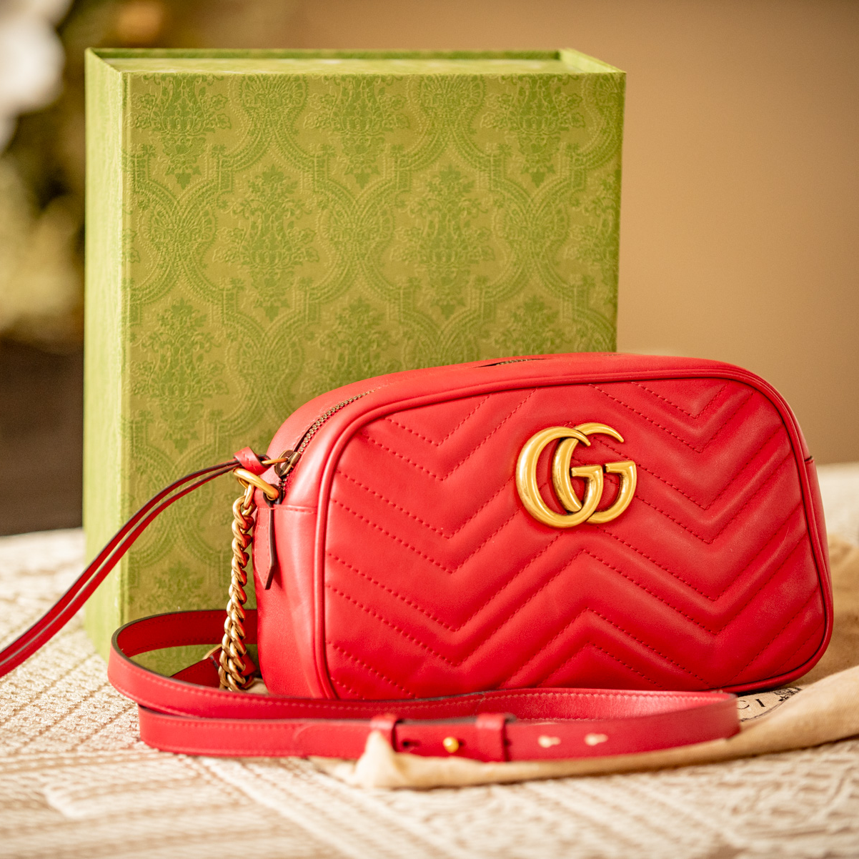 Gucci 2022 Marmont Small Camera Bag Red Leather Gold Hardware Box, Bag, Stuffing, Ribbon, Purchase Receipt