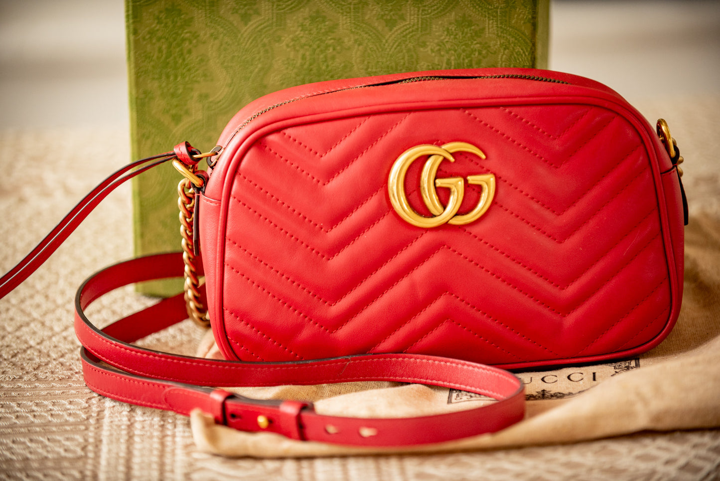 Gucci 2022 Marmont Small Camera Bag Red Leather Gold Hardware Box, Bag, Stuffing, Ribbon, Purchase Receipt
