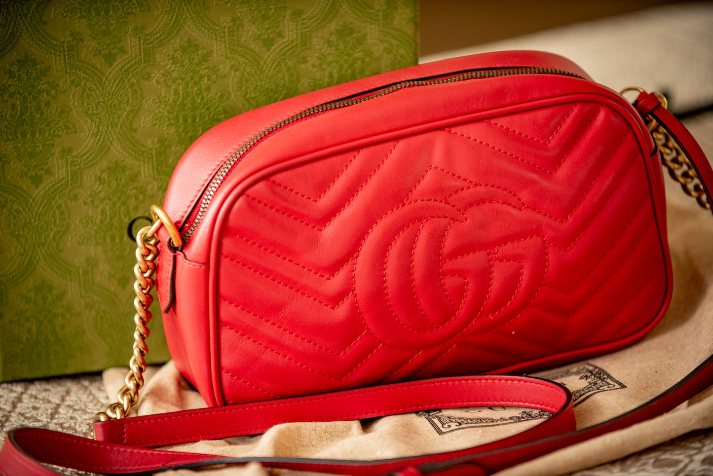 Gucci 2022 Marmont Small Camera Bag Red Leather Gold Hardware Box, Bag, Stuffing, Ribbon, Purchase Receipt