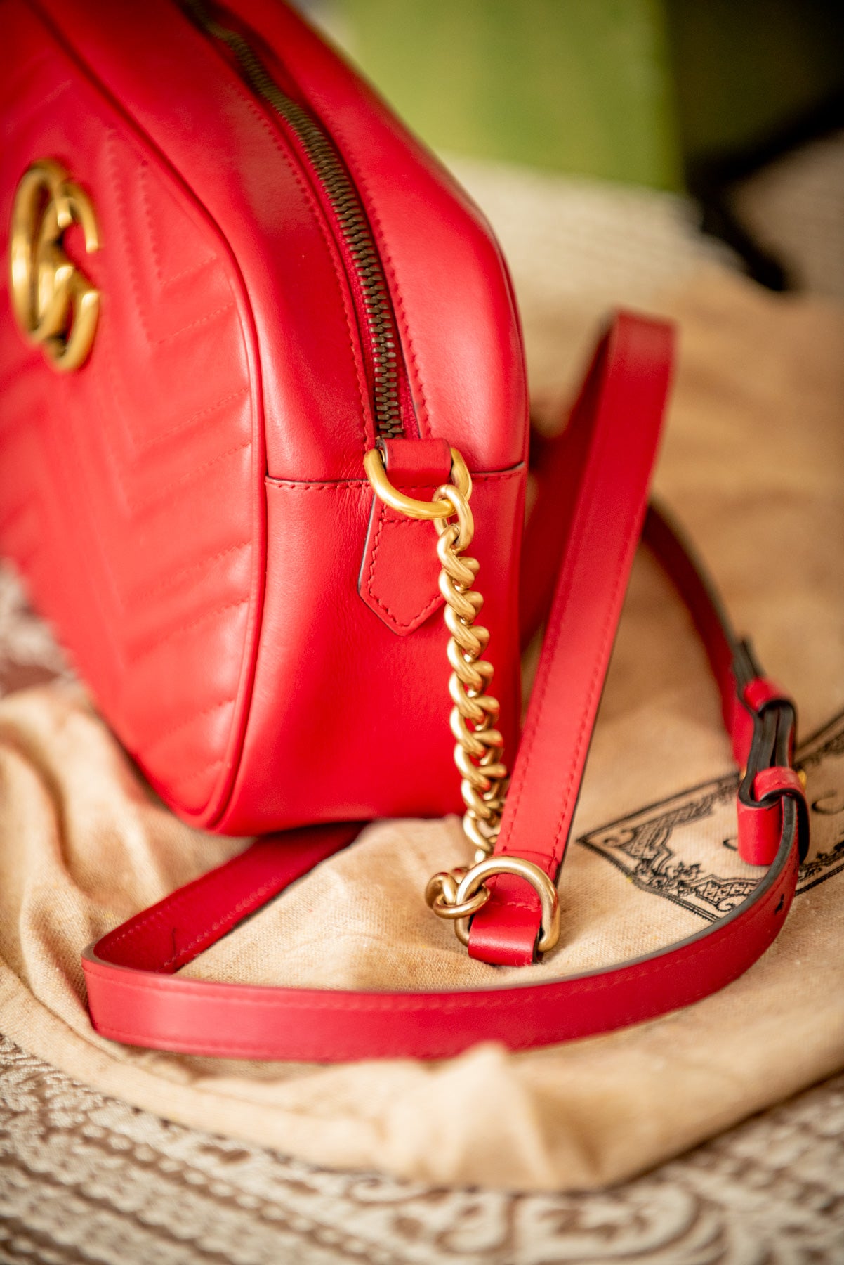 Gucci 2022 Marmont Small Camera Bag Red Leather Gold Hardware Box, Bag, Stuffing, Ribbon, Purchase Receipt