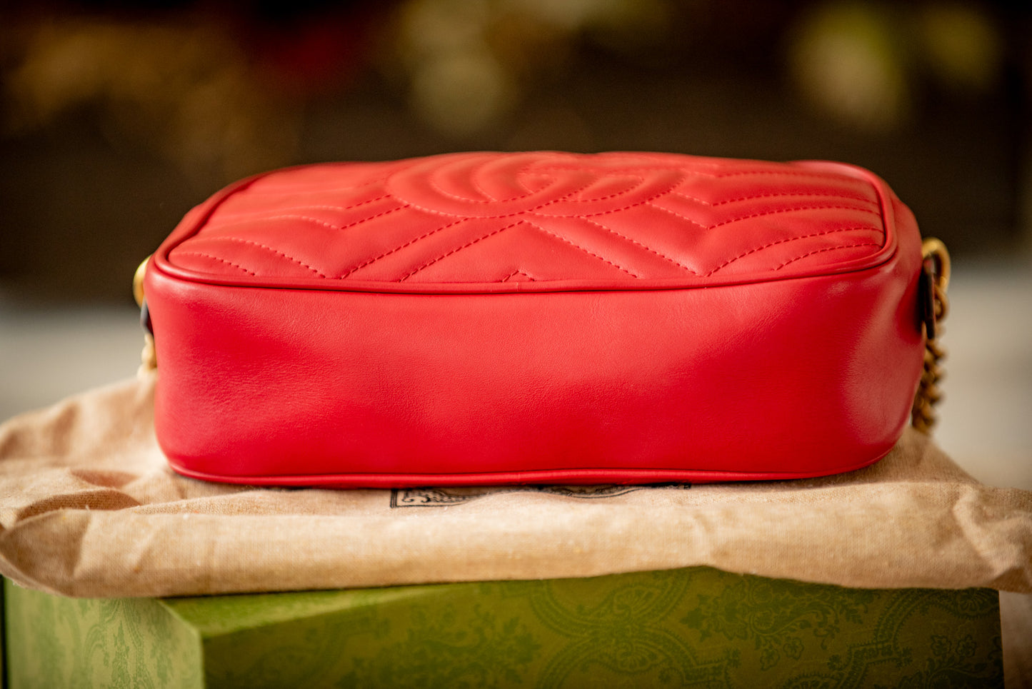 Gucci 2022 Marmont Small Camera Bag Red Leather Gold Hardware Box, Bag, Stuffing, Ribbon, Purchase Receipt