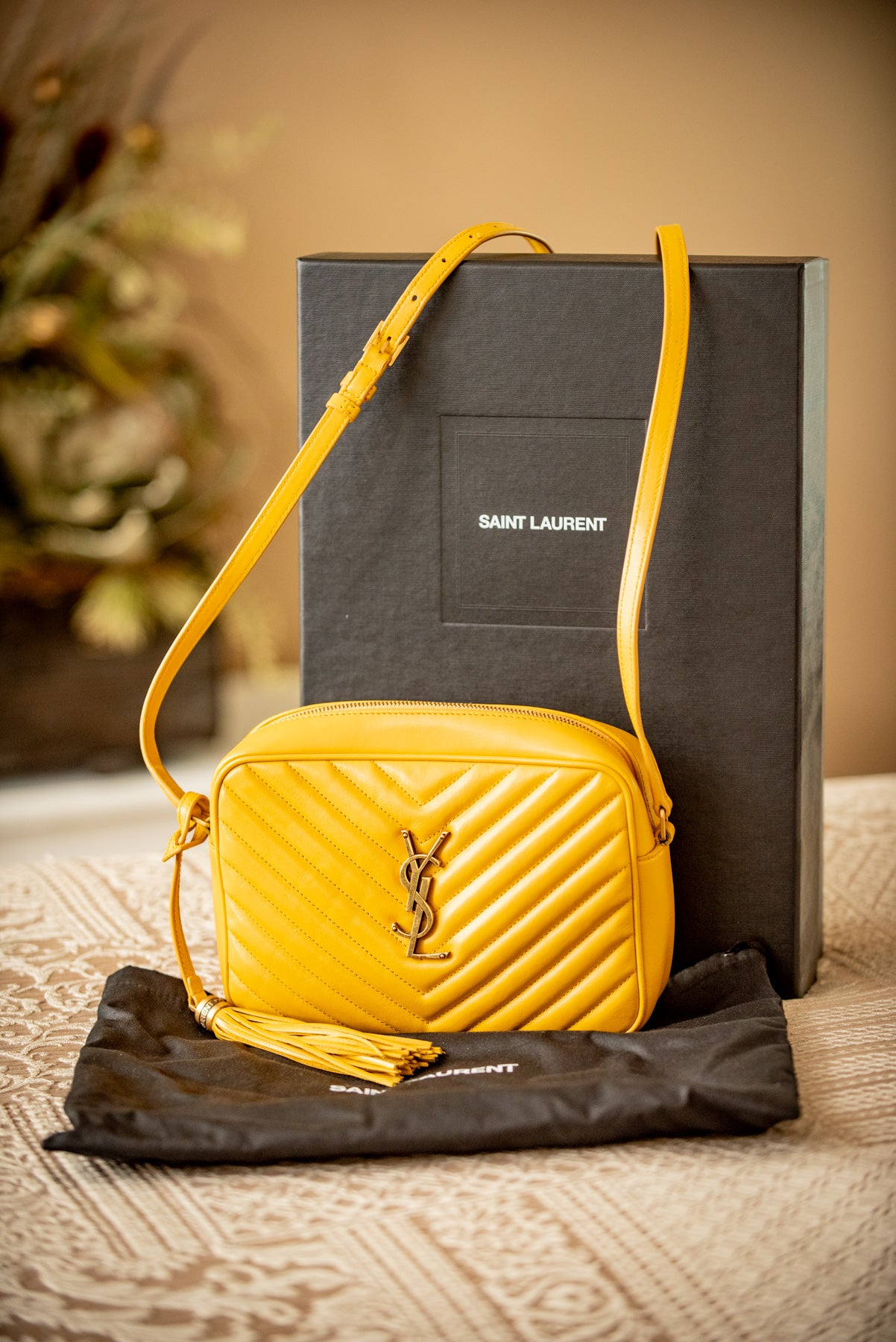 YSL Yves Saint Laurent 2021 Leather Lou Camera Bag Yellow Crossbody Gold Hardware Box, Dust Bag, Stuffing, Ribbon, Shopper Bag, And Receipt