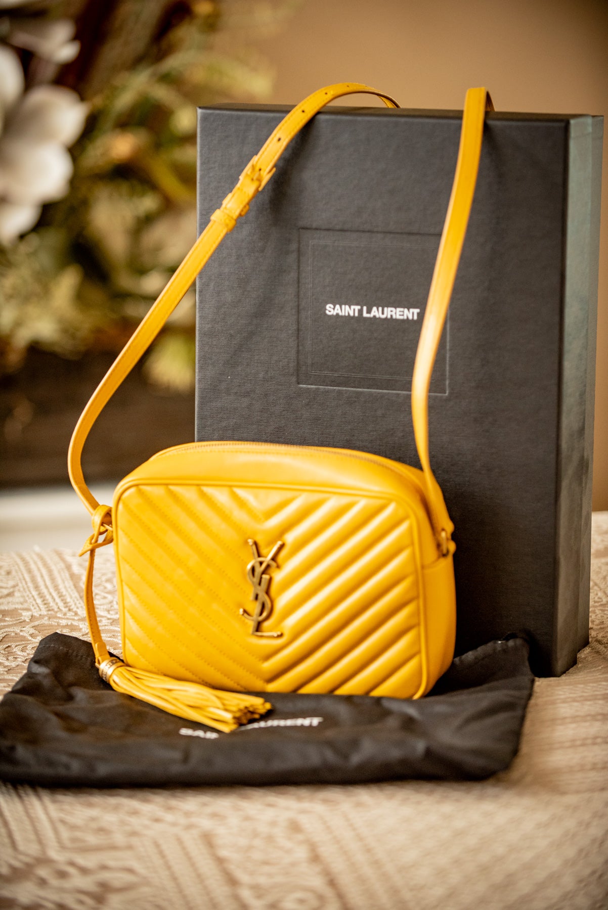 YSL Yves Saint Laurent 2021 Leather Lou Camera Bag Yellow Crossbody Gold Hardware Box, Dust Bag, Stuffing, Ribbon, Shopper Bag, And Receipt