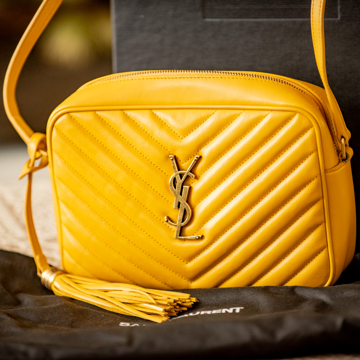YSL Yves Saint Laurent 2021 Leather Lou Camera Bag Yellow Crossbody Gold Hardware Box, Dust Bag, Stuffing, Ribbon, Shopper Bag, And Receipt