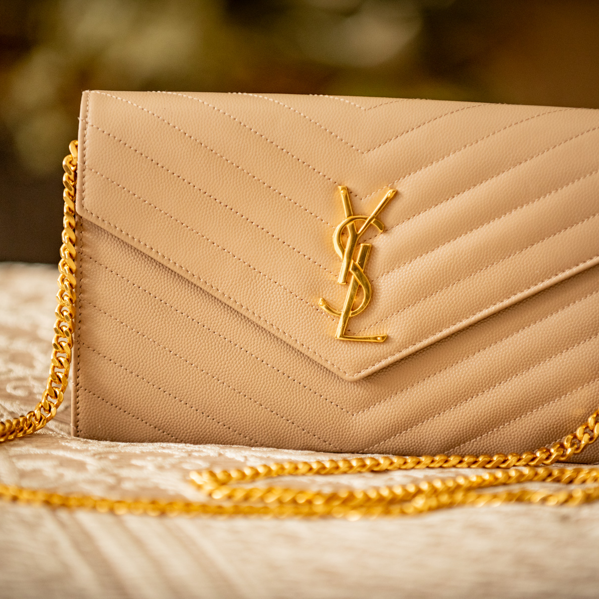 YSL Yves Saint Laurent 2025 Classic Cassandre Chain Wallet In Grain De Poudre Leather MSRP $1600 Original Purchase Receipt Dust Bag