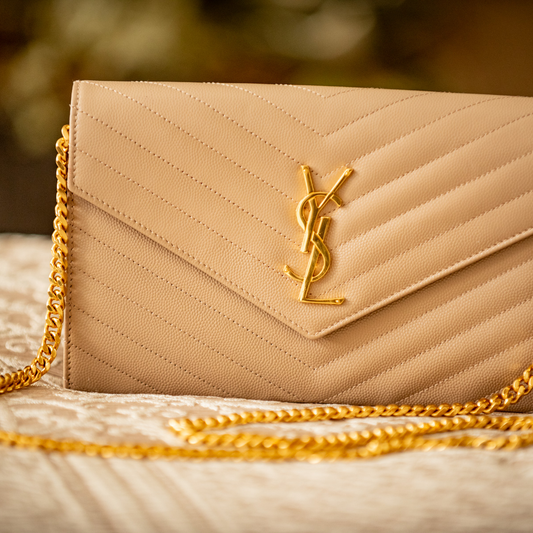 YSL Yves Saint Laurent 2025 Classic Cassandre Chain Wallet In Grain De Poudre Leather MSRP $1600 Original Purchase Receipt Dust Bag